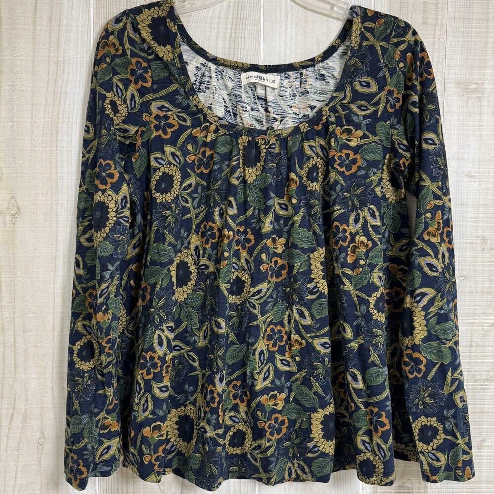 Natural Life Iris Women Dahlias  Navy Tan Floral Blouse Boho‎ Peasant XS (758)
